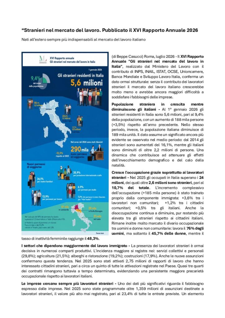 Stranieri nel mercato del lavoro – Rapporto Annuale 2026